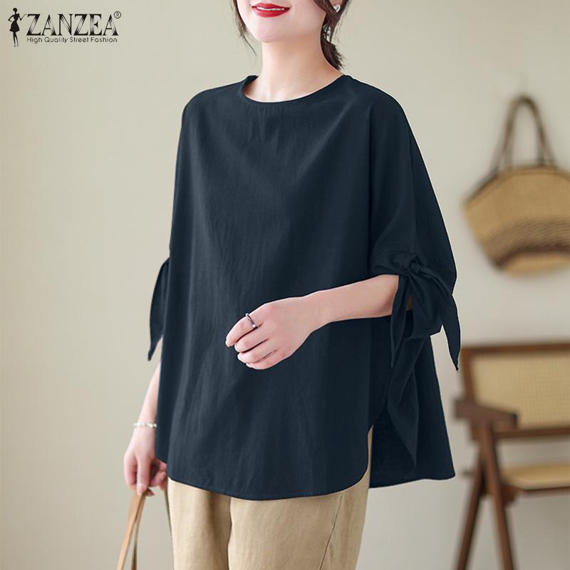 

ZANZEA Vintage Womens Knot 3/4 Sleeve Casual Loose Solid Cotton Blouse 5XL темно-синий
