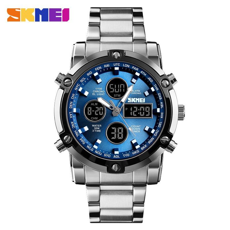 Dual Display Electronic Watch, Multi-function Steel Strap, Large Dial, Three-time Men's Waterproof Watch