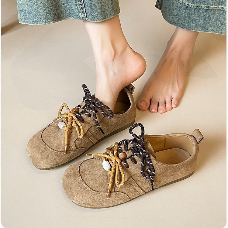 2025 New Retro Round Head Double Shoelaces Beaded Flat Bottom German Training Shoes British Style Casual Versatile Sports Casual Shoes