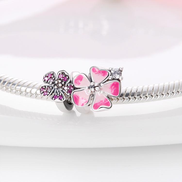 Charms Originalcopper Two Small Pink Flowers Beads Fit Bracelet Jewelry Diy Women Party Gift