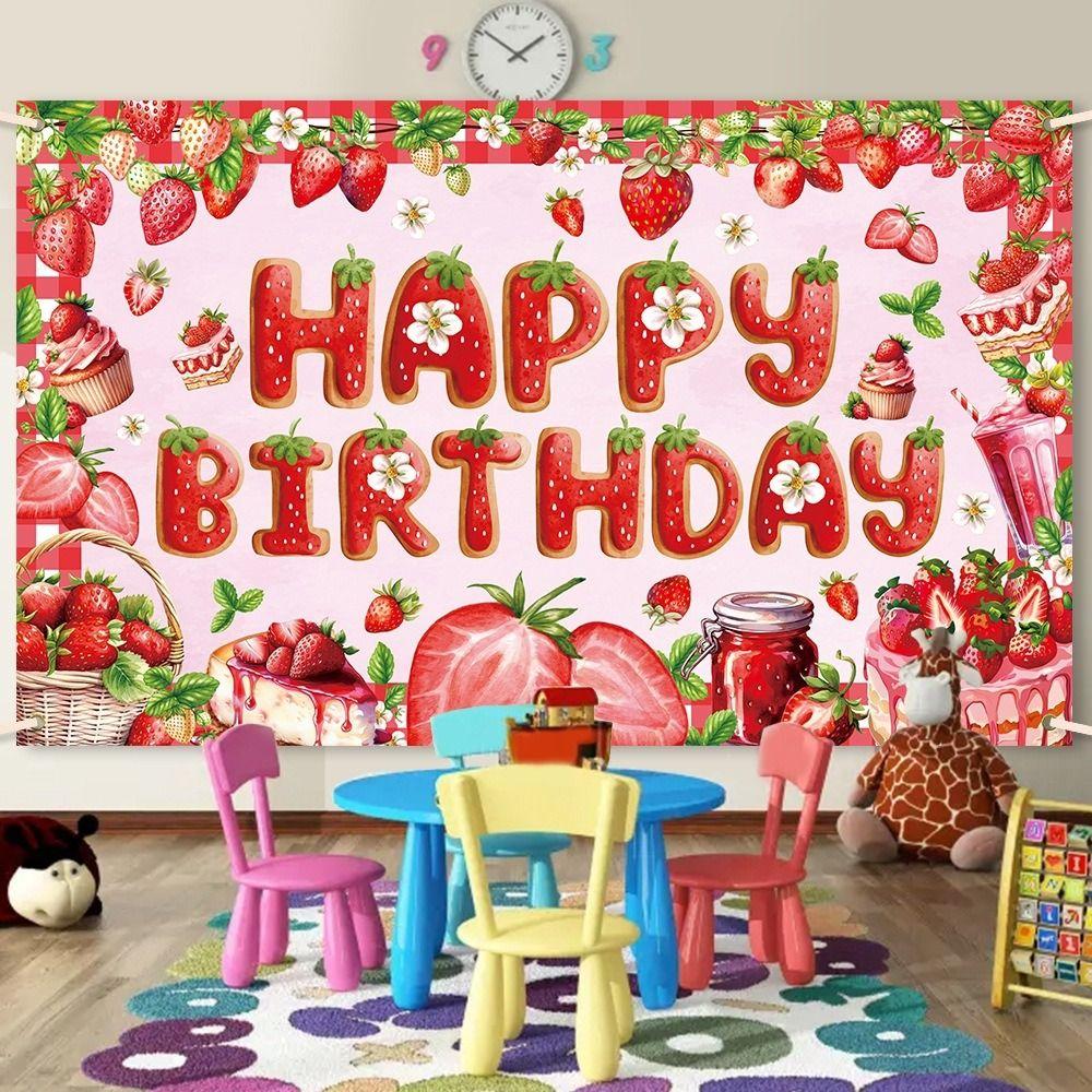 Polyester Strawberry Party Background Cartoon Party Hanging Banner  Photo Booth