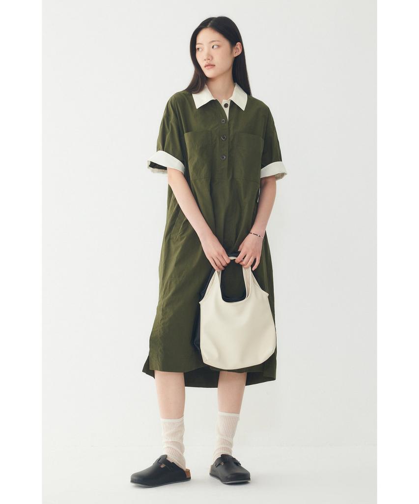 STUDIO TOMBOY Color Block Collared Short Sleeve Dress_Dark Khaki 9176241983