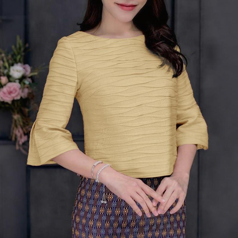 

ZANZEA Women Summer Round Neck Flare 3/4 Sleeve Casual Elegant Blouse хаки