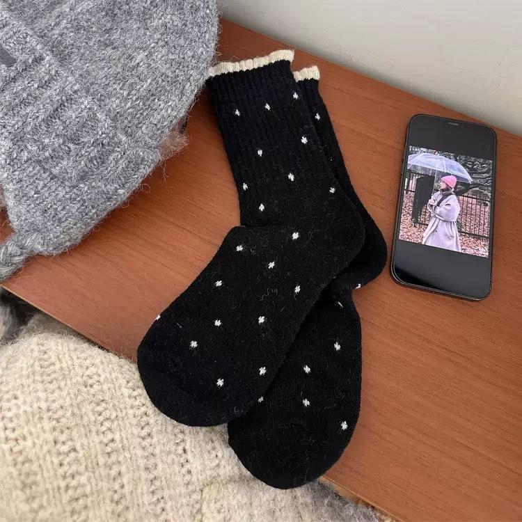 Polka Dot Wool Socks Children'S Autumn And Winter Gray Medium Tube Socks Thickened Warm Cashmere Cotton Socks Retro Lace Tube Socks