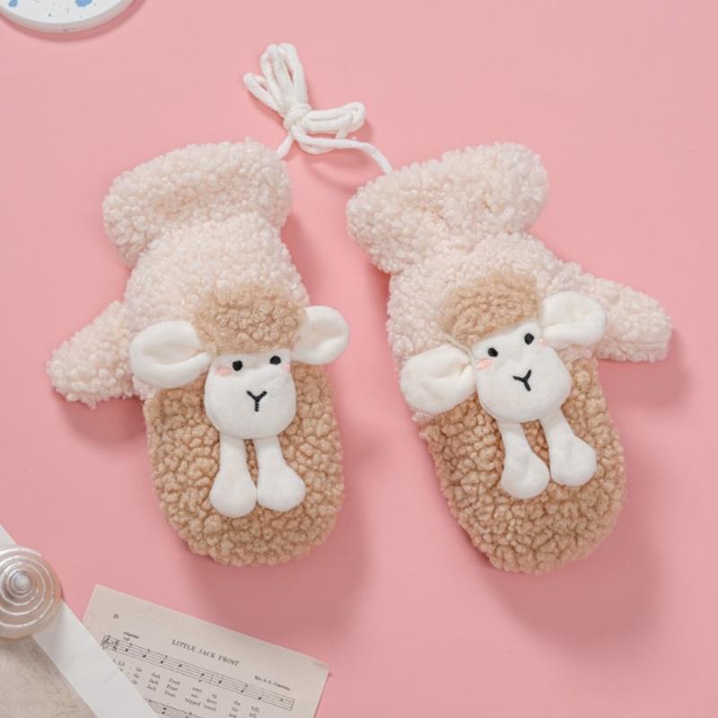 Fluffy Animal Mittens Plush Sheep Gloves with String Full Finger Mittens Winter Warm Mittens Cartoon Gloves for Women