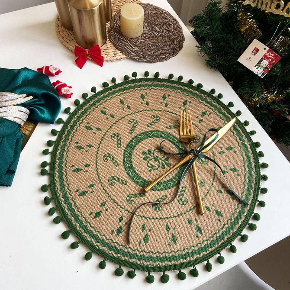 Round Tableware Mat Jute Coaster Santa Snowflakes Christmas Placemat  Cups