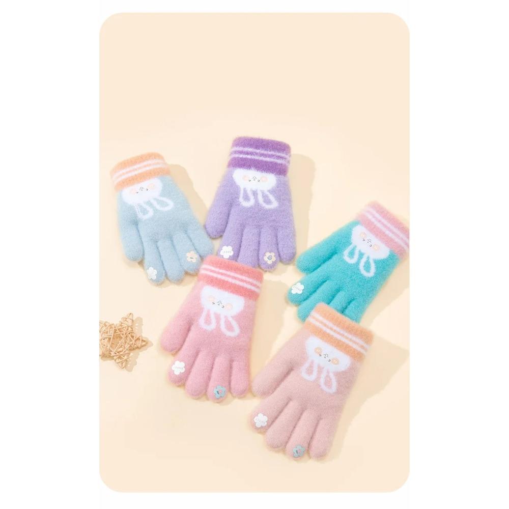 5 Colors Winter Kindergarden Kids Five-Finger Cartoon Knitted Gloves Girls Warm Thickened Plush Gloves Cute Bunny Gloves 3-5Y