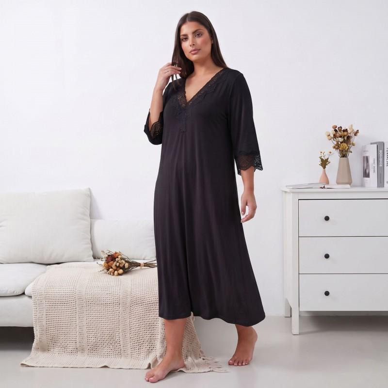 Plus Size Solid Lace 3/4 Sleeve Nightgown Loose Home Dress Sexy Simple Ladies Sleepwear