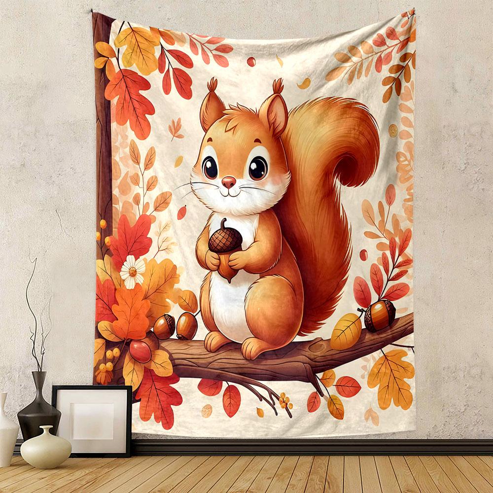 Cute Squirrel with Acorn - Autumn Theme Patterned Tapestry Decorative Wall Hanging, Home Bedroom Living Room Decor
