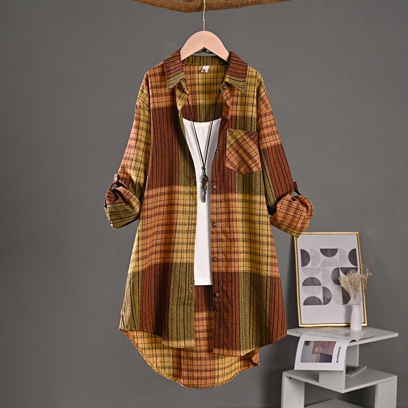 

Checkered Shirt Woman Women s Buttoned Shirts Linen Blouses Woman Long Sleeve Shirts for Women Women s Vintage Blouse Elegant S кавовий