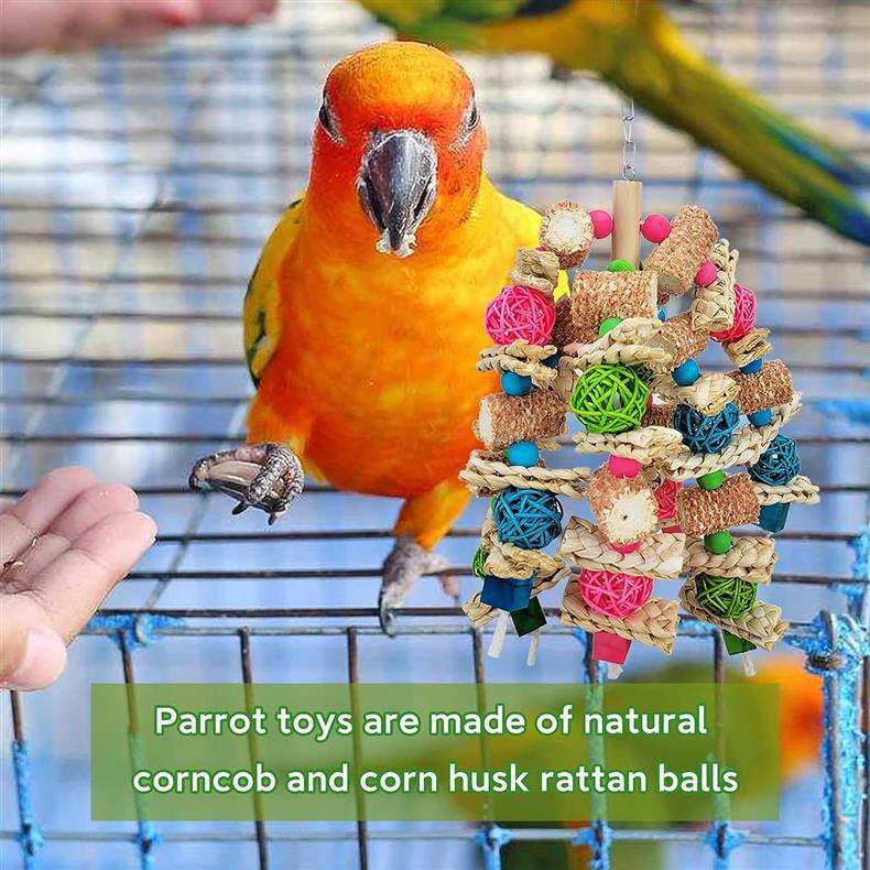 Parrot Toy Large Bite Parrot Bite Toy Vine Ball Bird Toy Colorful Wood Blocks Corn Crust Corn Cob Vine Ball