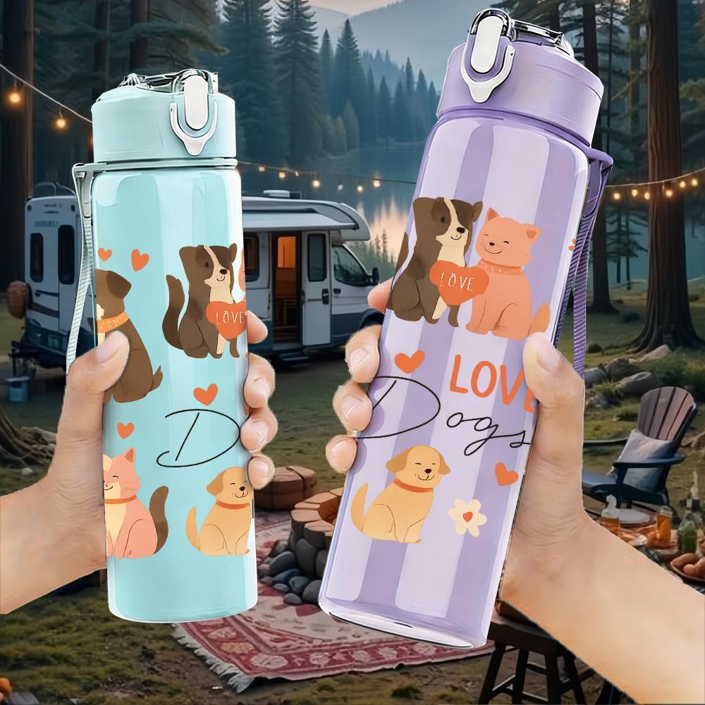 1PC Love Dog Cat Sticker Pack 750ml Color Plastic Sports Water Bottle Leakproof Flip Straw Lid Suitable for Sports Office Home Use