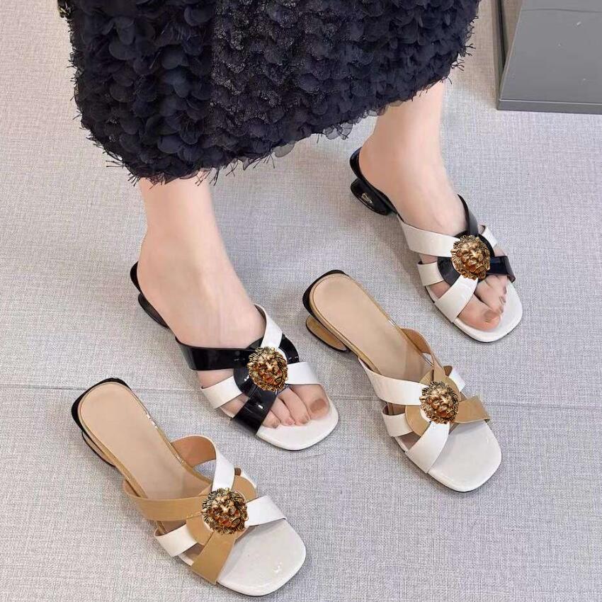 New Summer Mid-heeled, High-heeled and Thick-heeled Sandals for Women, One-shoulder Genuine Leather Slippers A60