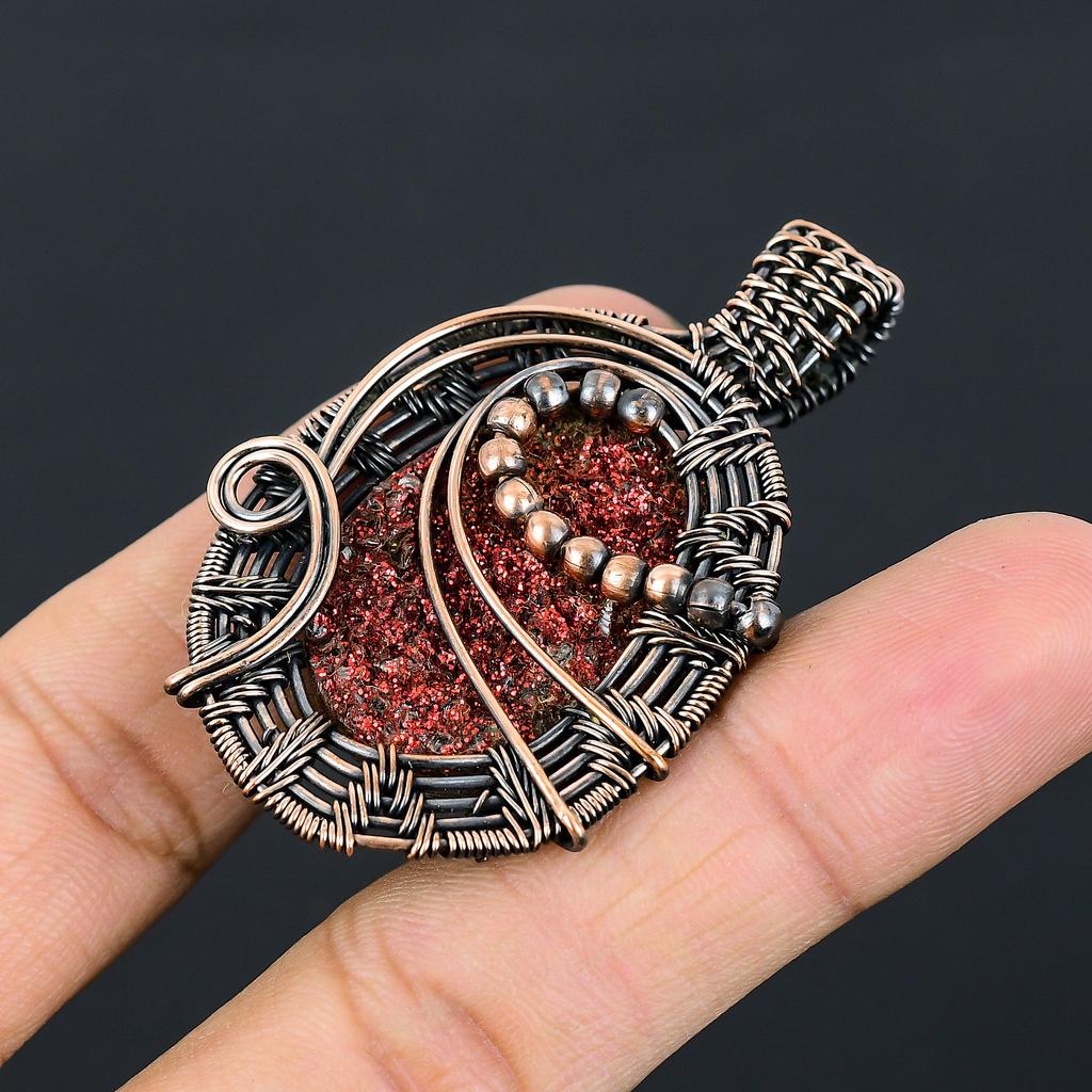 Natural Red Titanium Druzy Gemstone Handmade Copper Wire Wrap Pendant 2.36" v9C80