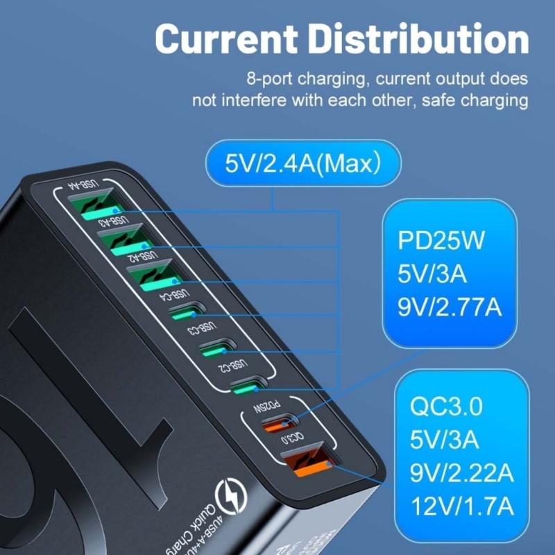 150W Multi Port USB Charging Adapter Fast Charging Wall Adapter Type C USB Travel Charging Adapter For Mobile Phone