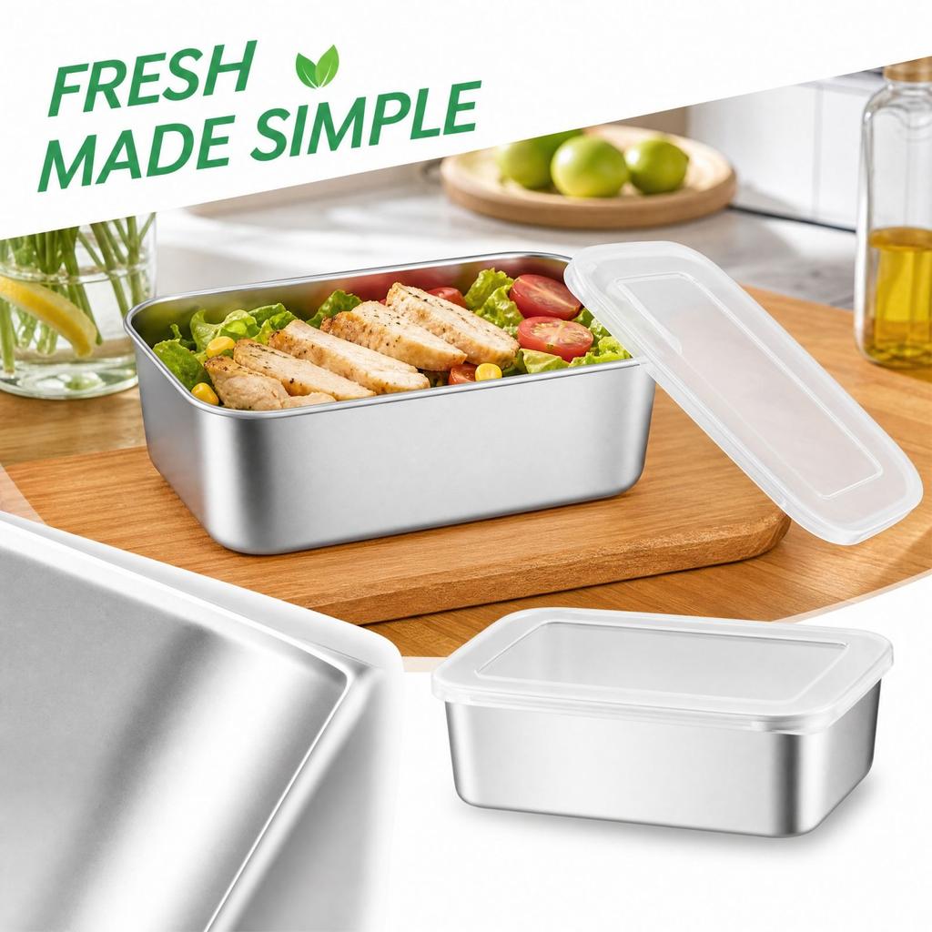 Stainless Food Storage Container with Lid, Rectangular Meal Prep for Fridge and Picnic, 6 Sizes