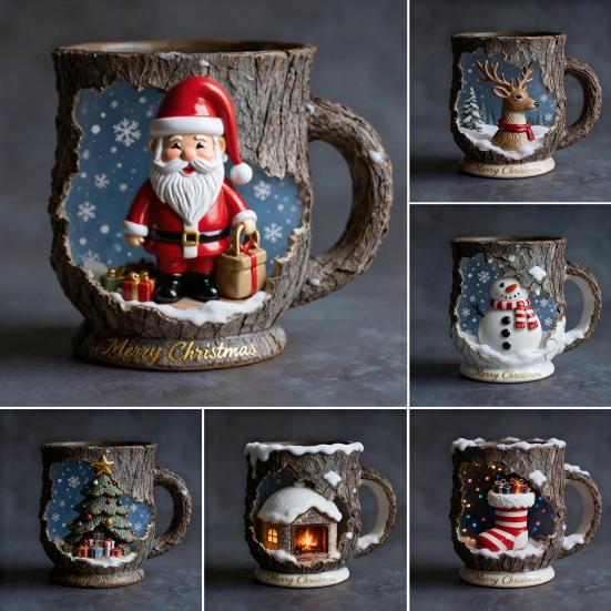Festive Christmas Mug 3D Tree Bark Texture Themed Santa Reindeer Coffee Cup Resin Holiday Decor Novelty Gifts