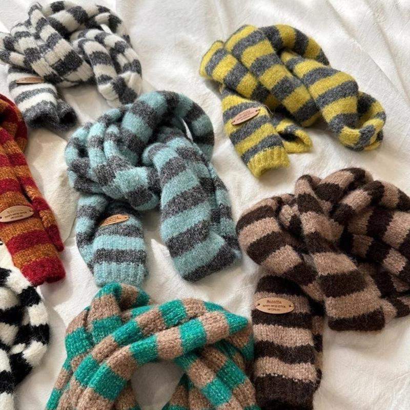 Striped Knit Scarf Unisex Winter Accessory Soft Polyester Fashionable Narrow Long Neck Scarf For Men And Women