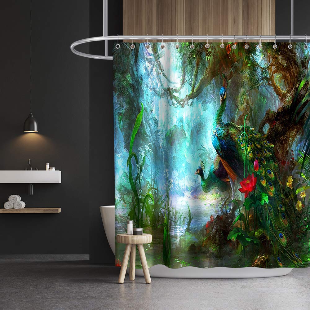 Peacock Shower Curtains Blue Beautiful Bird Flower Plant Watercolor Print Bathroom Curtain Bathtub Decor Polyester Cloth Sets