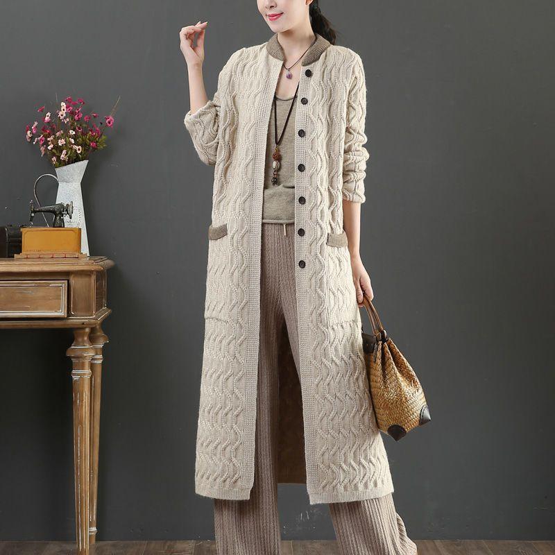 New Casual Loose Cardigan Office Lady Cardigan Solid Color Double Pocket Autumn Winter Women Long Sleeve Knitted Coat Streetwear