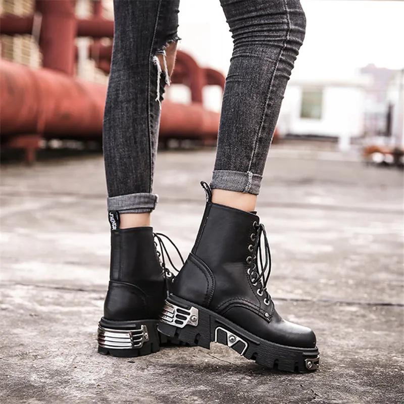 Punk Style Women Ankle Boots Black 6CM Platform Boot High Tops Boots Metal Decor Autumn Winter Botas Mujer