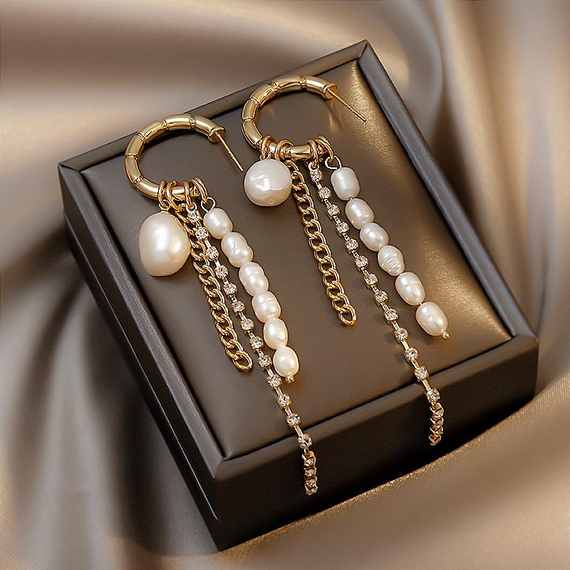 Silver needle ins wind geometry C-shaped chain fringed earrings pearl diamond fashion design earrings temperament earrings