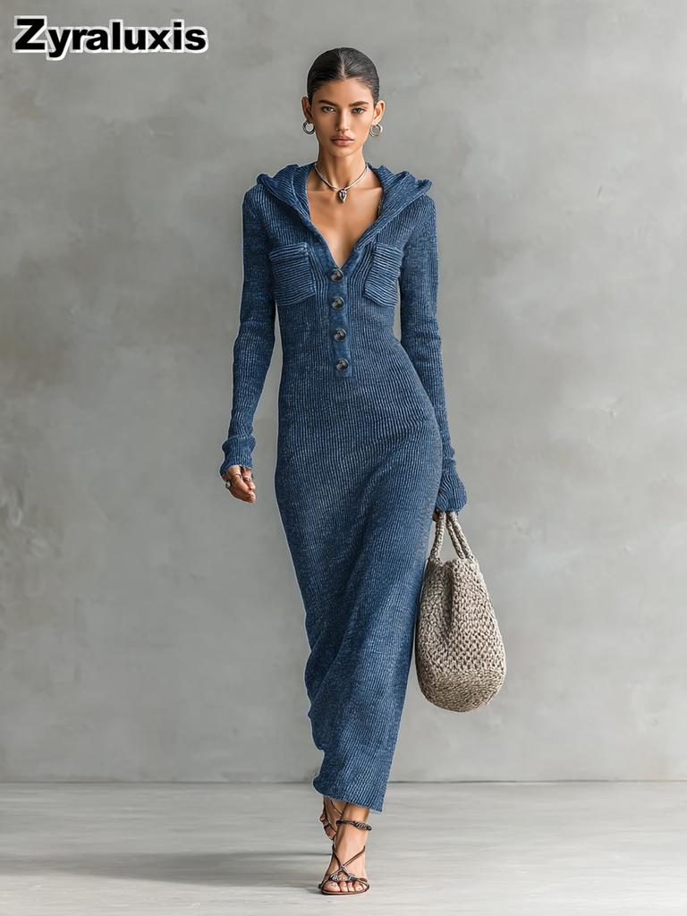 Autumn New Style Women Slim Fit Bodycon Halter Hoodie Knit Sweater Dress