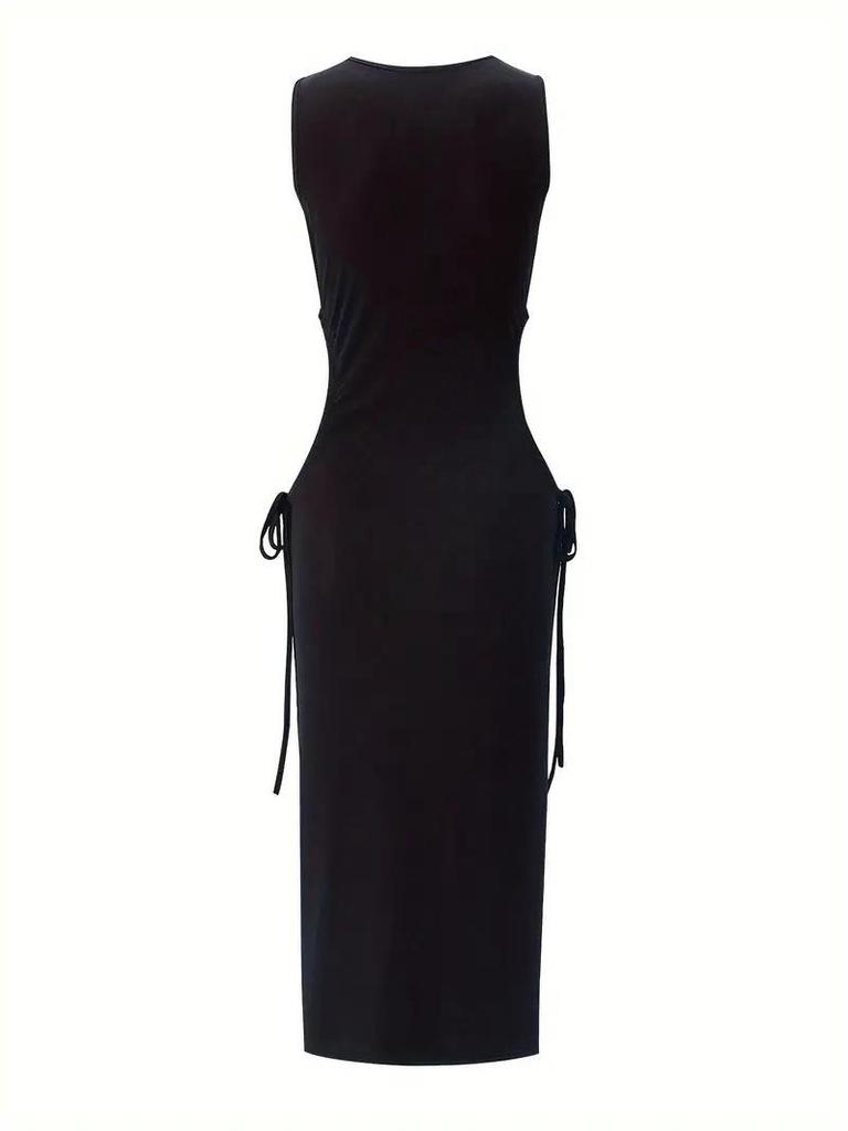 2024 Damenmode Ärmelloses Cutout Bodycon Schlitzkleid mit Kordelzug in der Taille