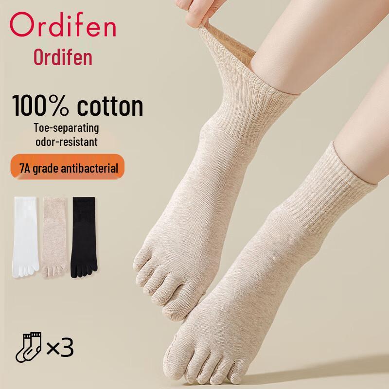 Audifen Women s Pure Cotton Antibacterial Moisture-Wicking Mid-Calf Toe Socks (3 Pairs) One Size