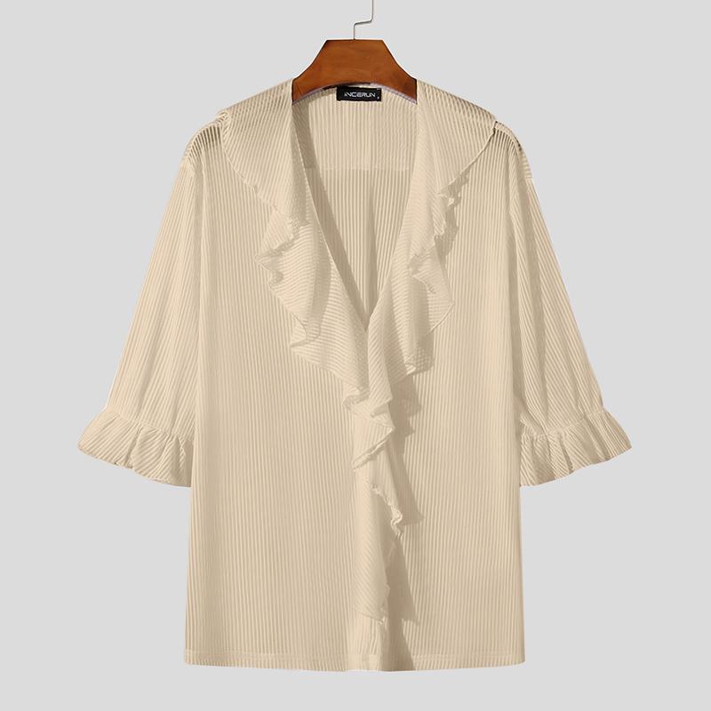 

INCERUN Мужская полосатая рубашка с оборками и коротким рукавом с V-образным вырезом, повседневные прозрачные топы 3XL жёлтый