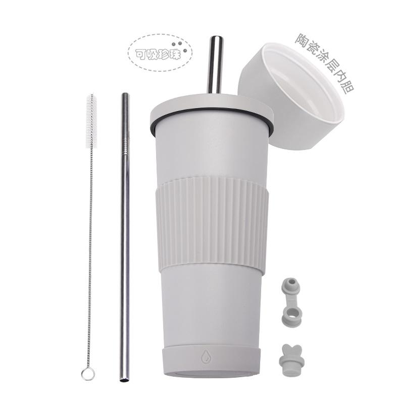2025710Ml Stainless Steel Straw Cup Female Ceramic Liner Milk Tea Cup Non-Slip Portable Straw Thermos Cup