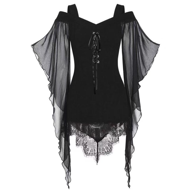 Autumn New Women Clothes Gothic Big Hemline Sleeve Irregular Patchwork Lace Witch Sling Lace Up Dress