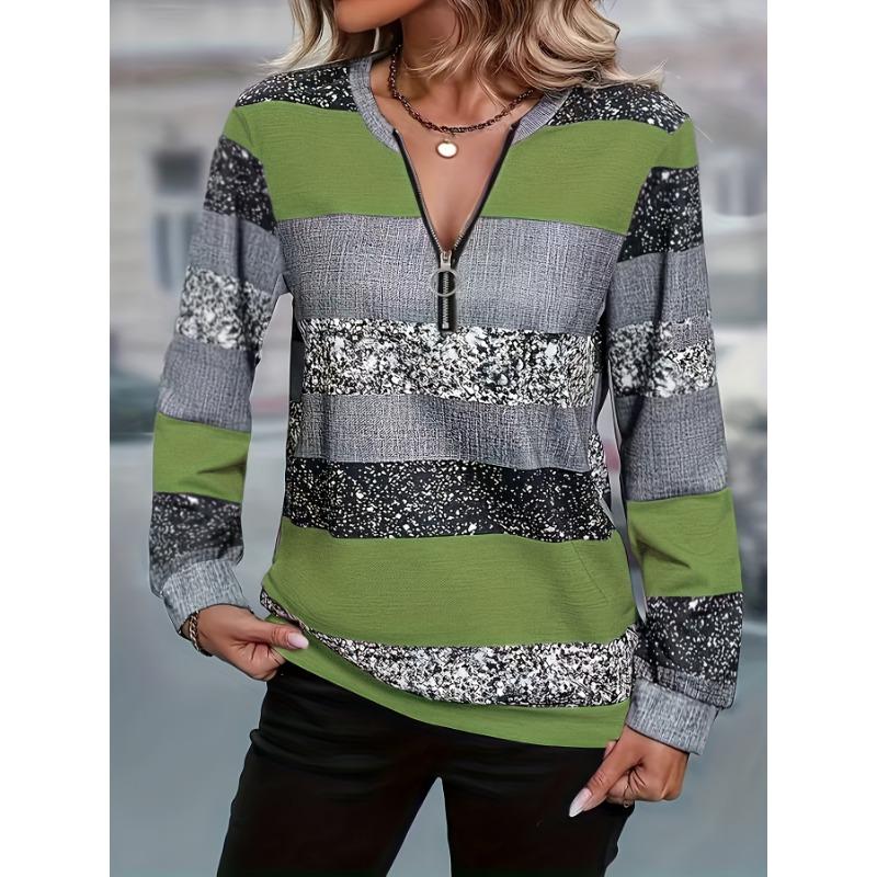 Women's casual striped zipper detail pullover, perfect for spring, summer and autumn