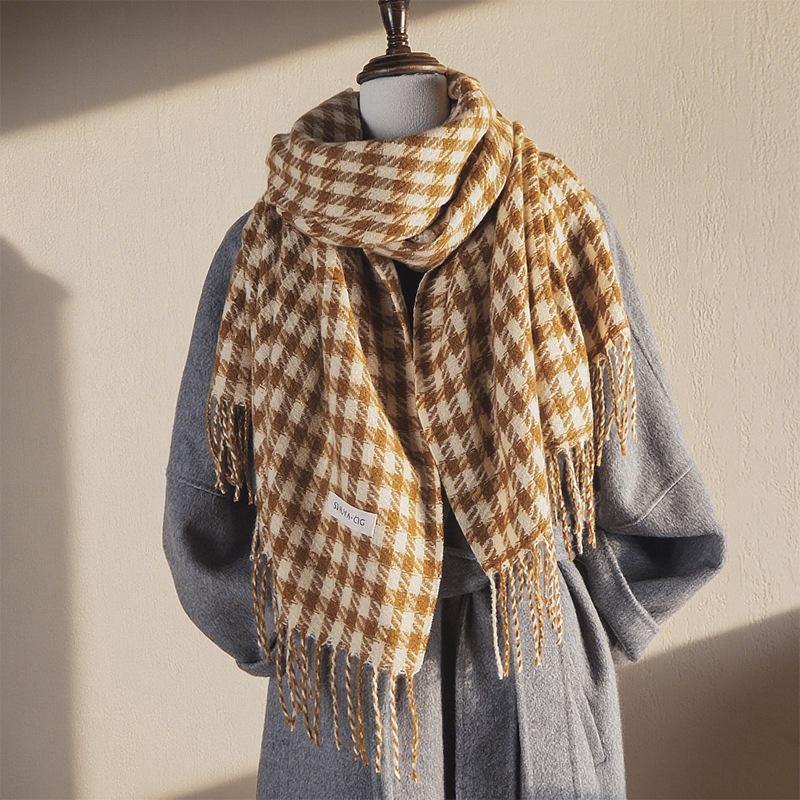 New Student Korean Plaid Versatile Scarf for Women Winter Warm Neck Protection Neck Scarf Tassel Shawl