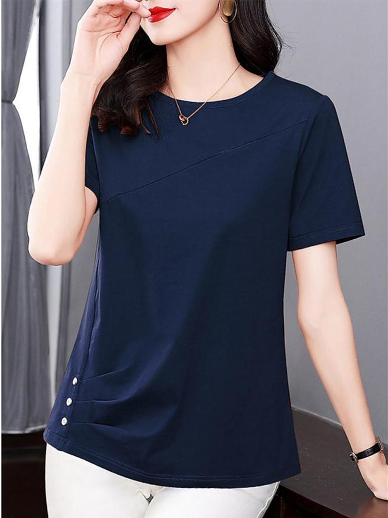 Women Summer Spring Fashion Cotton Blouses Shirts Lady Fashion Casual Short Sleeve O-Neck Solid Color T-shirt Blusas Tops