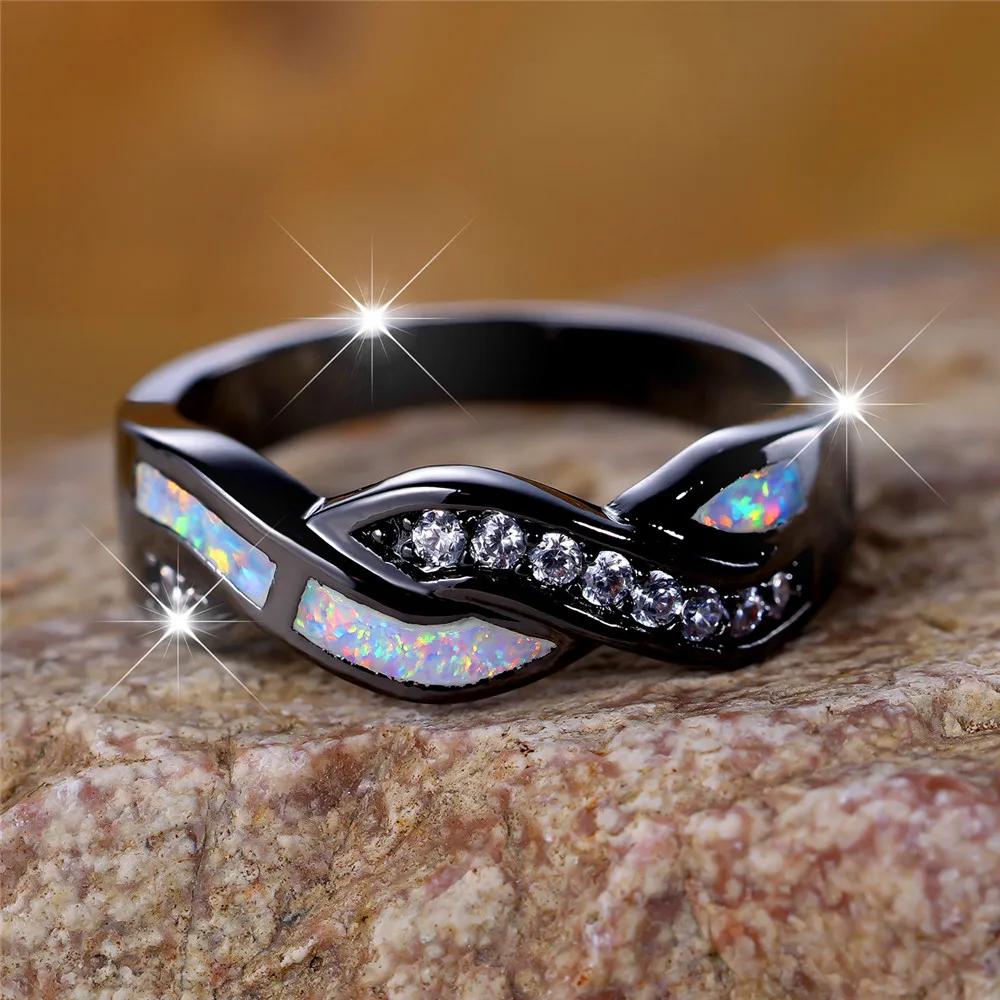 

Уникальное кольцо с синим белым огненным опалом и знаком бесконечности для женщин и мужчин, очаровательное черное золото, компактное плетеное кольцо с цирконом и опалом, ювелирное изделие 8 белый/чёрный