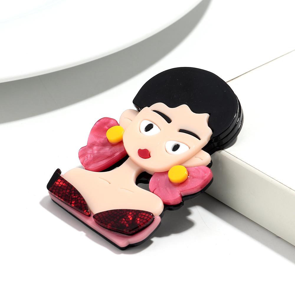 New Cute Girl Figure Acrylic Brooches for Women Blue Spliced Handmade Lady Bag Badges and Pins Jewelry Clothing Accessories Gift