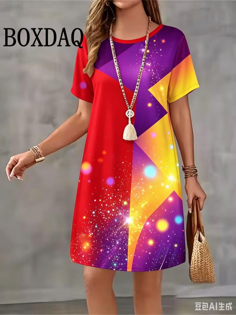 2026 Casual and Fashionable Round Neck Short Sleeved Geometric Printed Loose Women's Dress for Summer