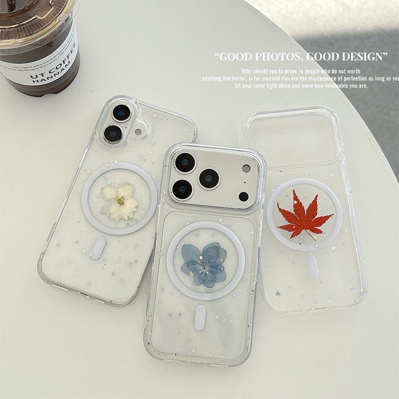 Transparent glitter mobile phone case for Iphone17 small fresh red maple leaf Apple 16Pro magnetic protective case