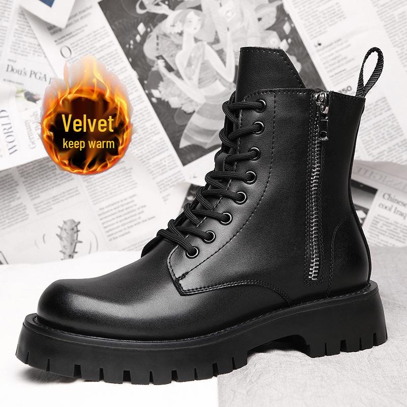 Men's High-Top Leather Martin Boots - British Style, Thick Sole, Velvet Lining, Winter Warmth
