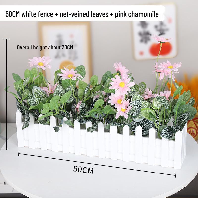 Silk Flower Pot with Wood Fence: Decorative Bonsai for Living Room or Office.
