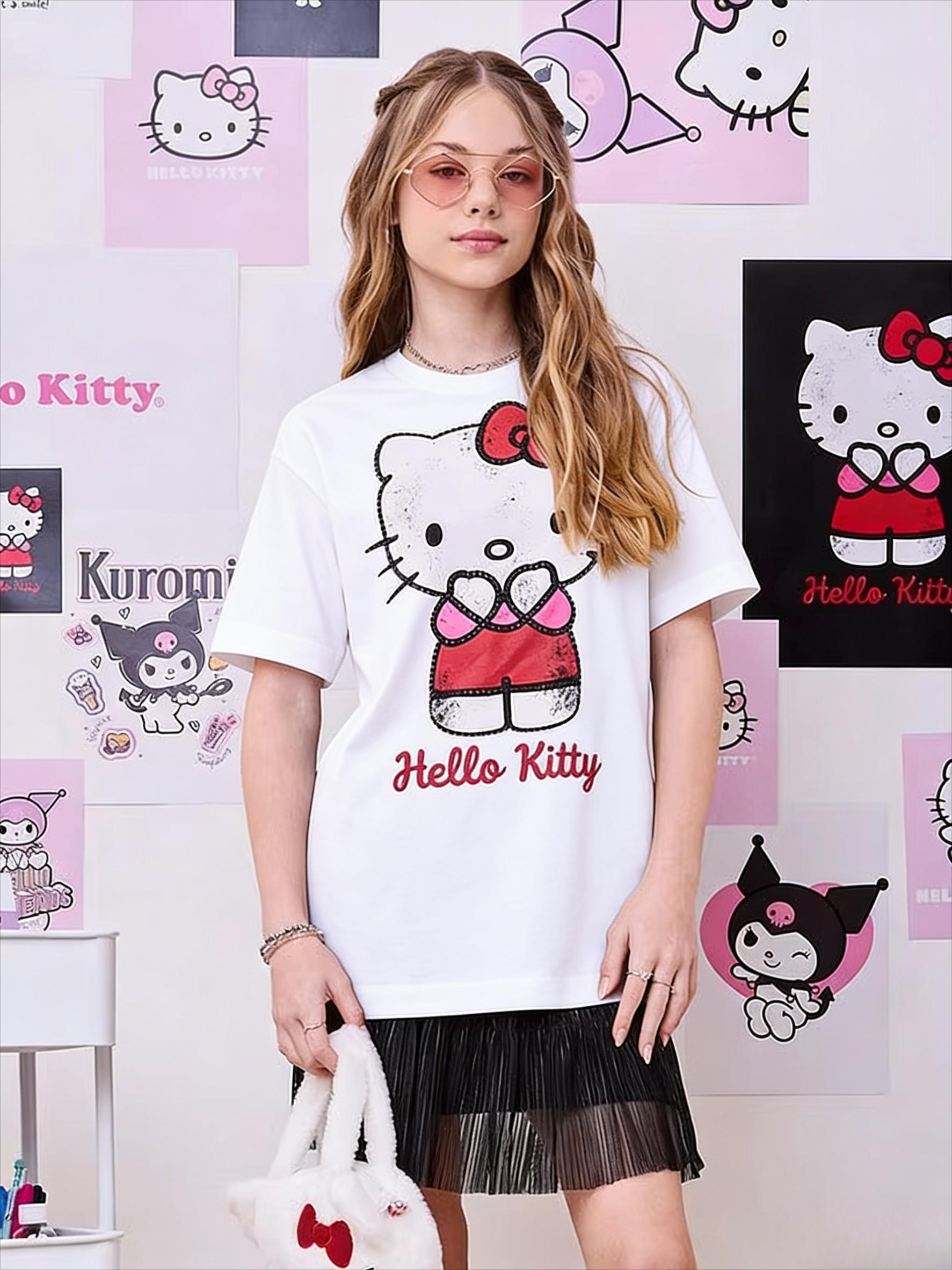 

2026 Hello Kitty Tee soft cotton short sleeve crew neck cute print lightweight summer top for Women daily casual wear S