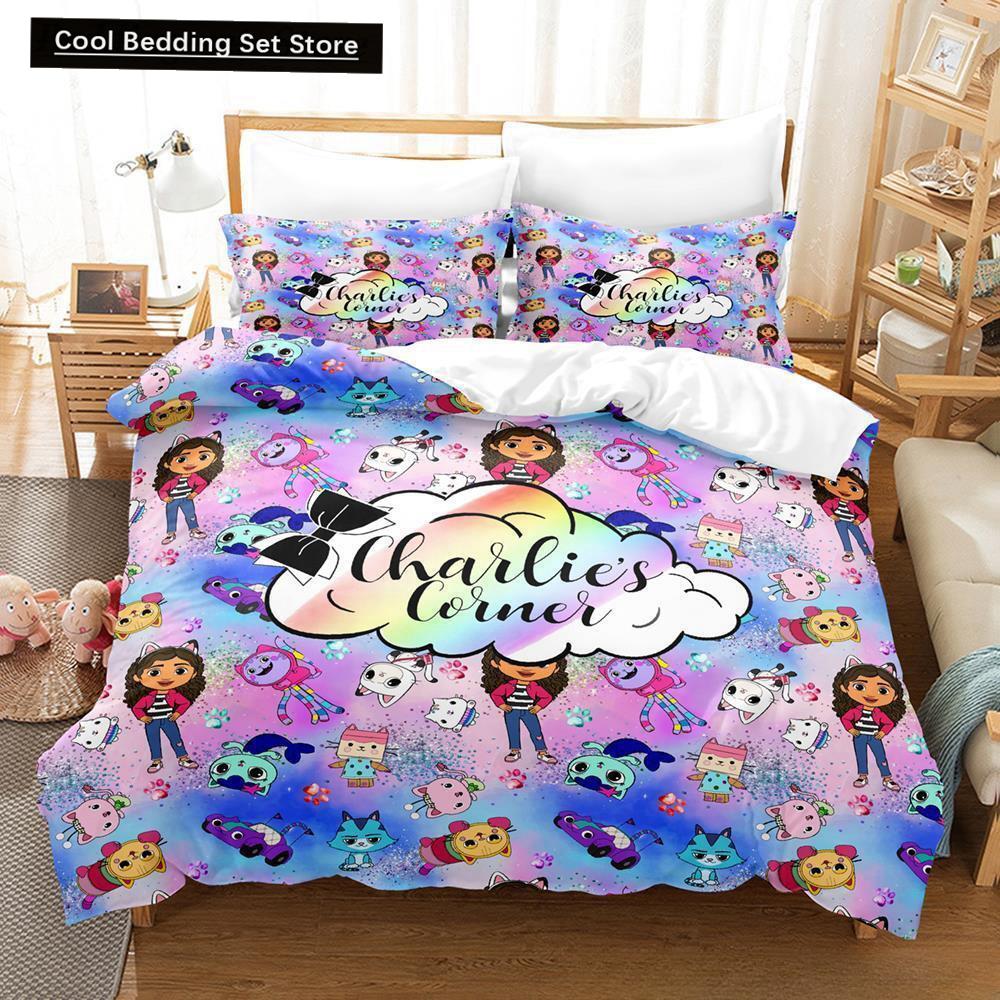 Gabbys Puppenhaus Bettwäscheset Einzelbett Twin Full Queen King Size Bettset Erwachsene Kinder Schlafzimmer Bettbezugsets 3D Anime Bettlaken-Set