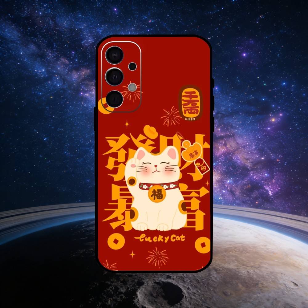 Uroczy Szczęśliwy Kot Maneki Neko Etui na Telefon Dla Samsung S25,S24,S23,S22,S21,S20,Ultra,Plus,FE Czarne Miękkie Etui