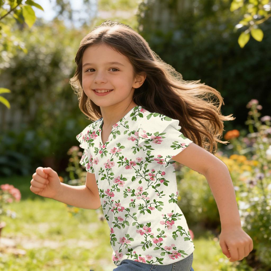 Meisjes V-hals Korte Mouw Bloemenprint T-shirt Casual Ruchemouw Shirt Lichtgewicht Ademend Zomer Topje voor Kinderen