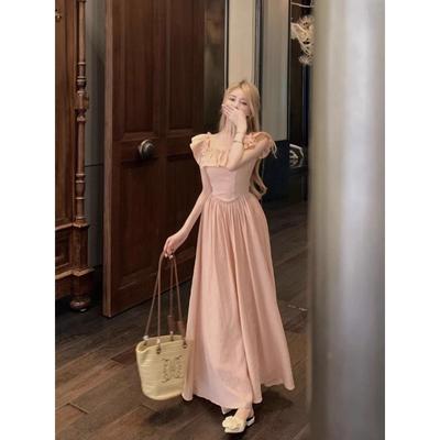 Coffee Break French Pink Small Flying Sleeve Dress Women's Summer New Waist Slim Seaside Holiday Dress