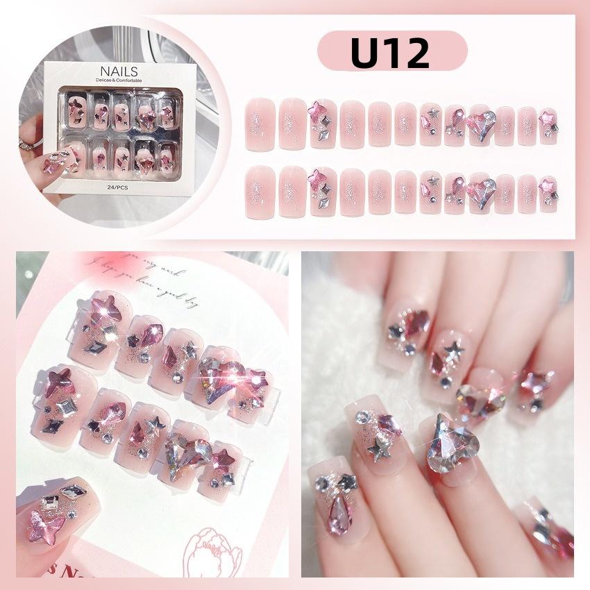 White Blue Color 3D Rabbit Star Rhinestone Designs-Full Cover Acrylic False Nails for Women and Girls Detachable Long Fake Nails