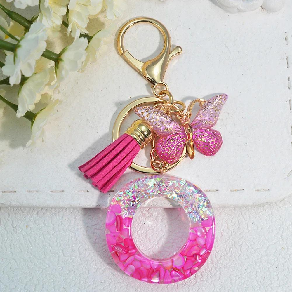 Gradient Pink Jewelry Letter Keyring Resin Letter Keychain with Fringe Butterfly DIY Bag Decoration Pendant Party Gift