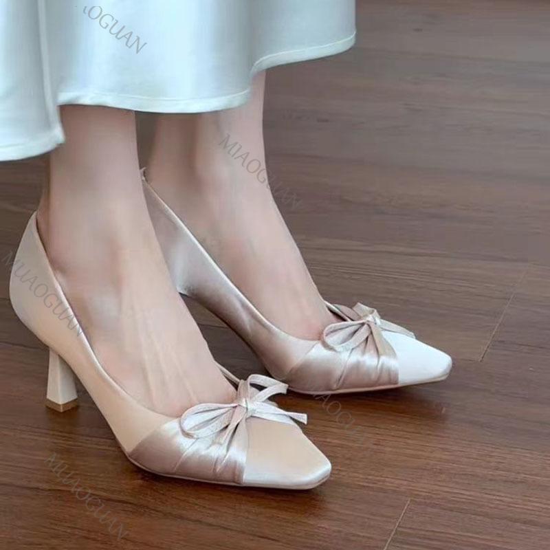Fashion Bowknot High Heels for Women Spring and Summer New Square Head Temperament Pumps Party Shallow Mouth Beige Heeled Single Shoes