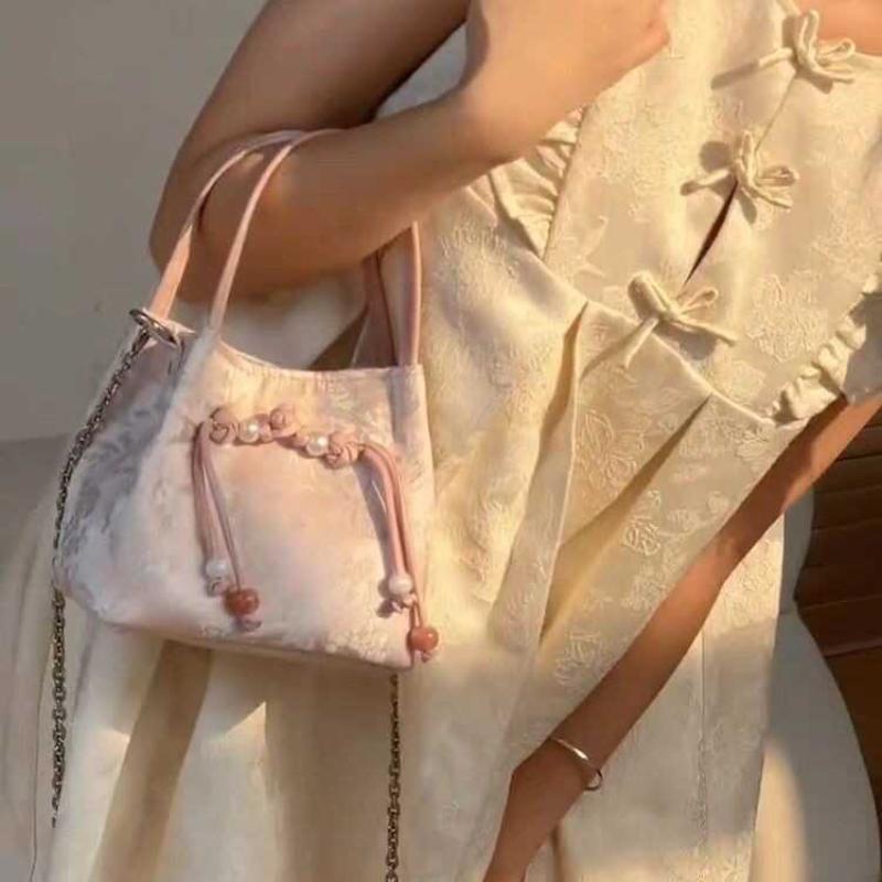 Chinese Style Female Crossbody Bags Summer Pink Shoulder Bags Retro Drawstring Bucket Top-handle Bags Women's Chain Handbags